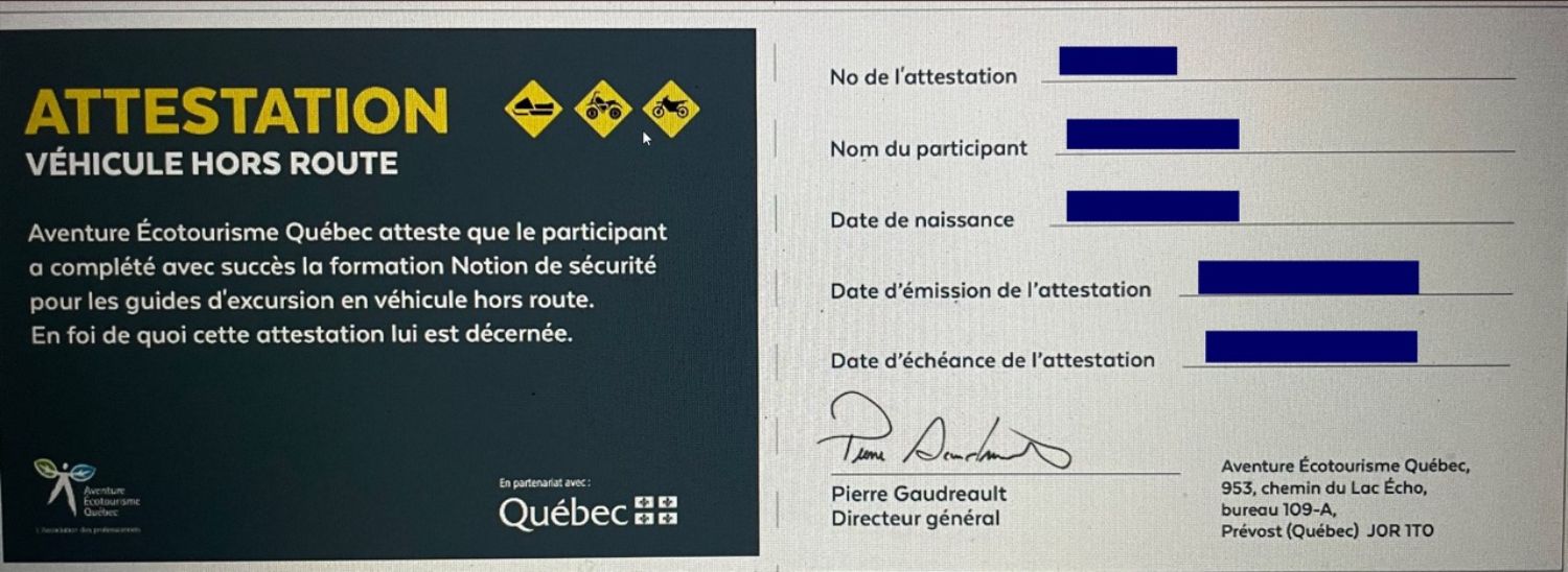 Attestation de guide en véhicules hors route