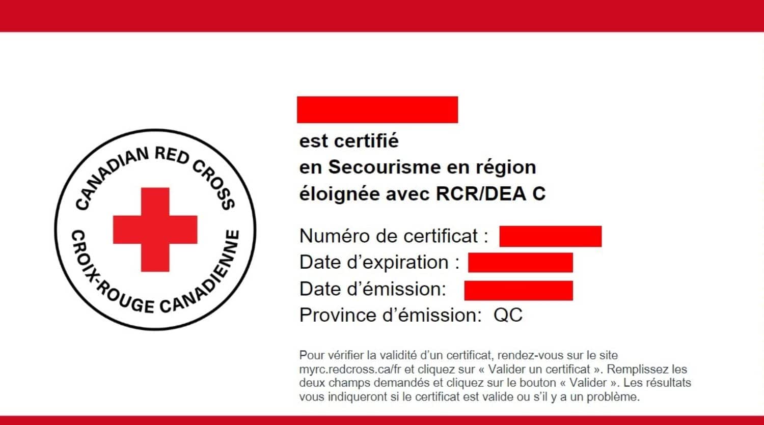 Attestation de secouriste en région éloignée avec RCR/DEA